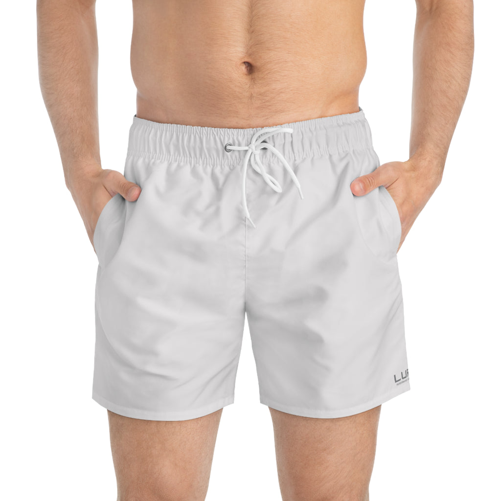 Classic White Swim Trunks – All-Over Print Beach Shorts