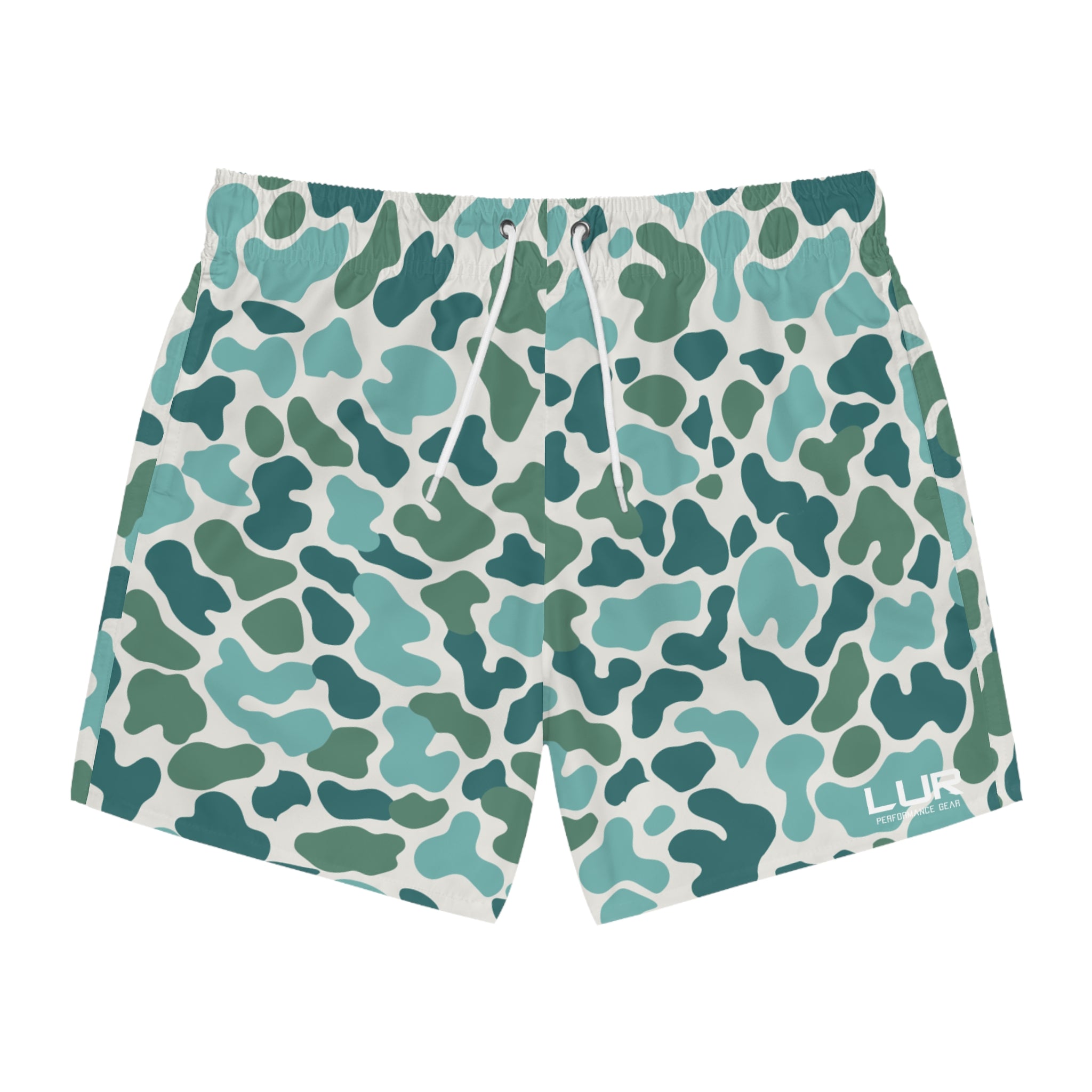 Teal Camo Swim Trunks — Men’s All-Over Print Beach Shorts