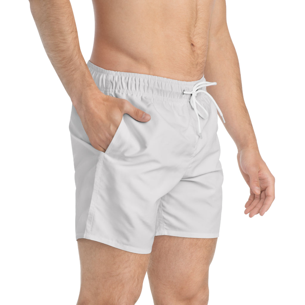 Classic White Swim Trunks – All-Over Print Beach Shorts